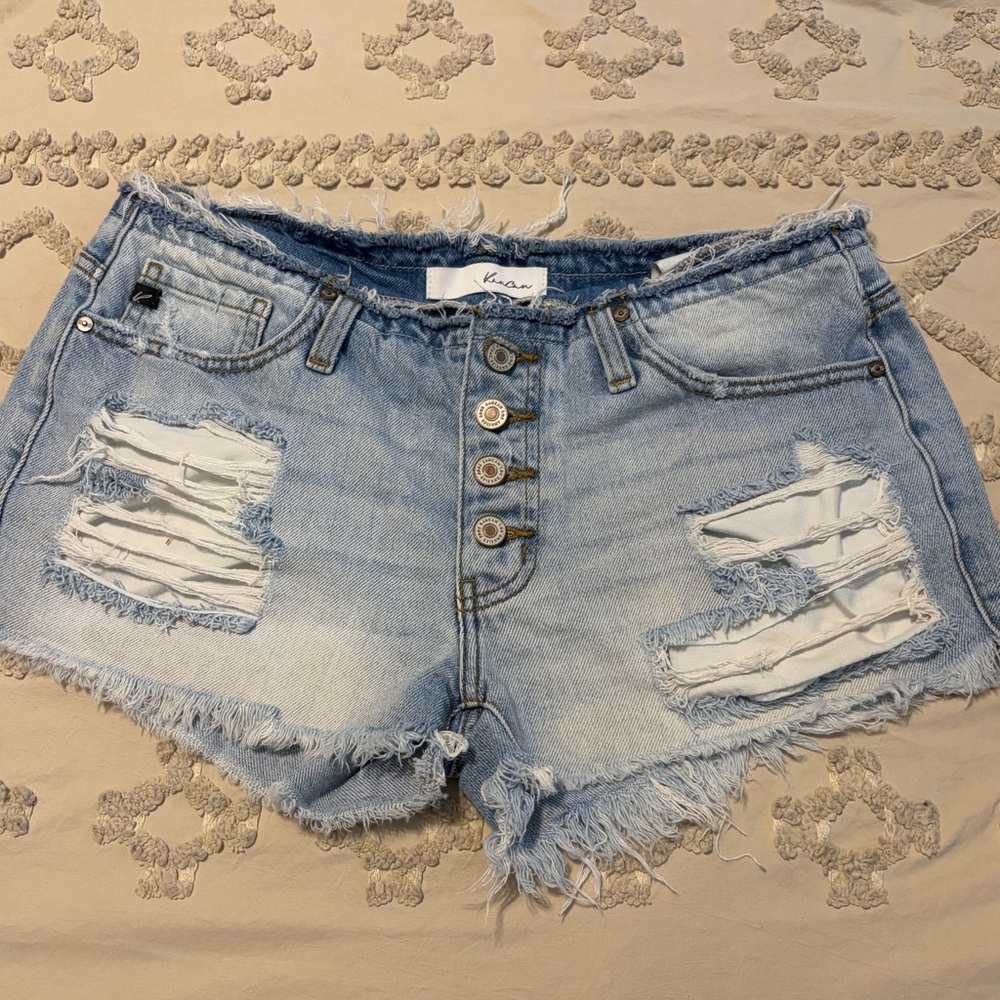 Kan Kan Light Blue Distressed Button-Front Denim low-rise Shorts